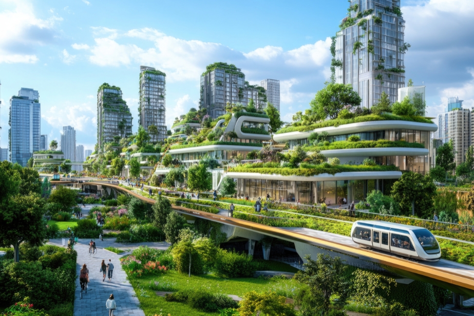 Utopische Stadt mit Hochhäusern, einer modernen Bahn und Wohnhäusern mit viel grünen Pflanzen.