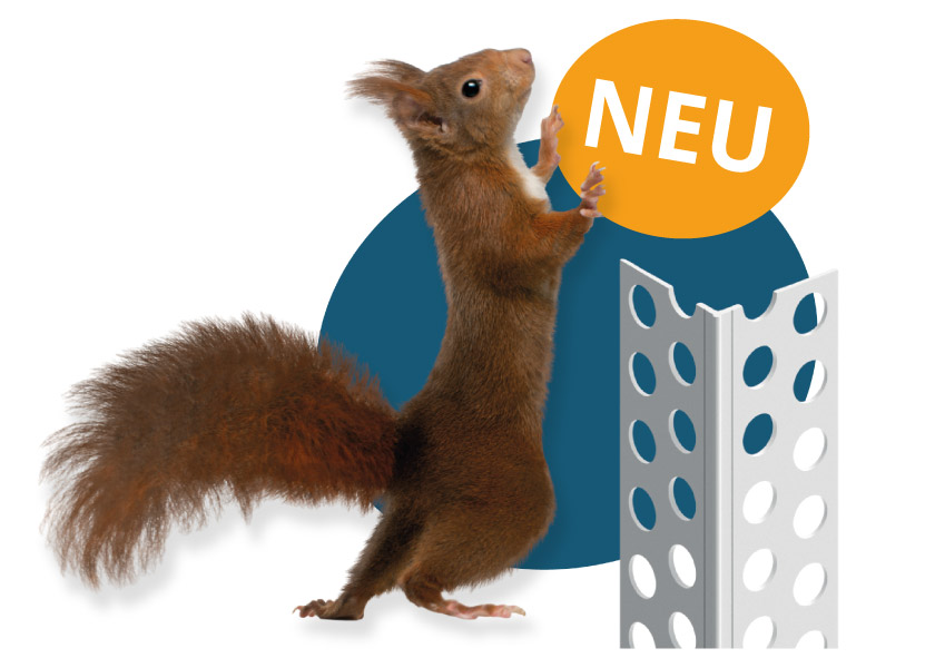 Eichhörnchen steht vor einem blauen CAPITAL Baustoffe Kreis und lehnt sich gegen ein orangenen Kreis mit dem Text NEU, darunter ist ein Stück eines Putzprofils abgebildet. 
