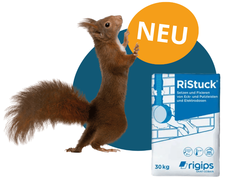 Eichhörnchen stemmt oranges Oval, in dem NEU steht, links davon steht ein Sack RiStuck von rigips, den Hintergrund bildet ein blaues Oval