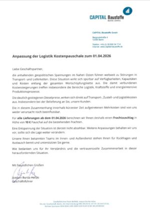 Preisanpassung Frachtkosten 2026